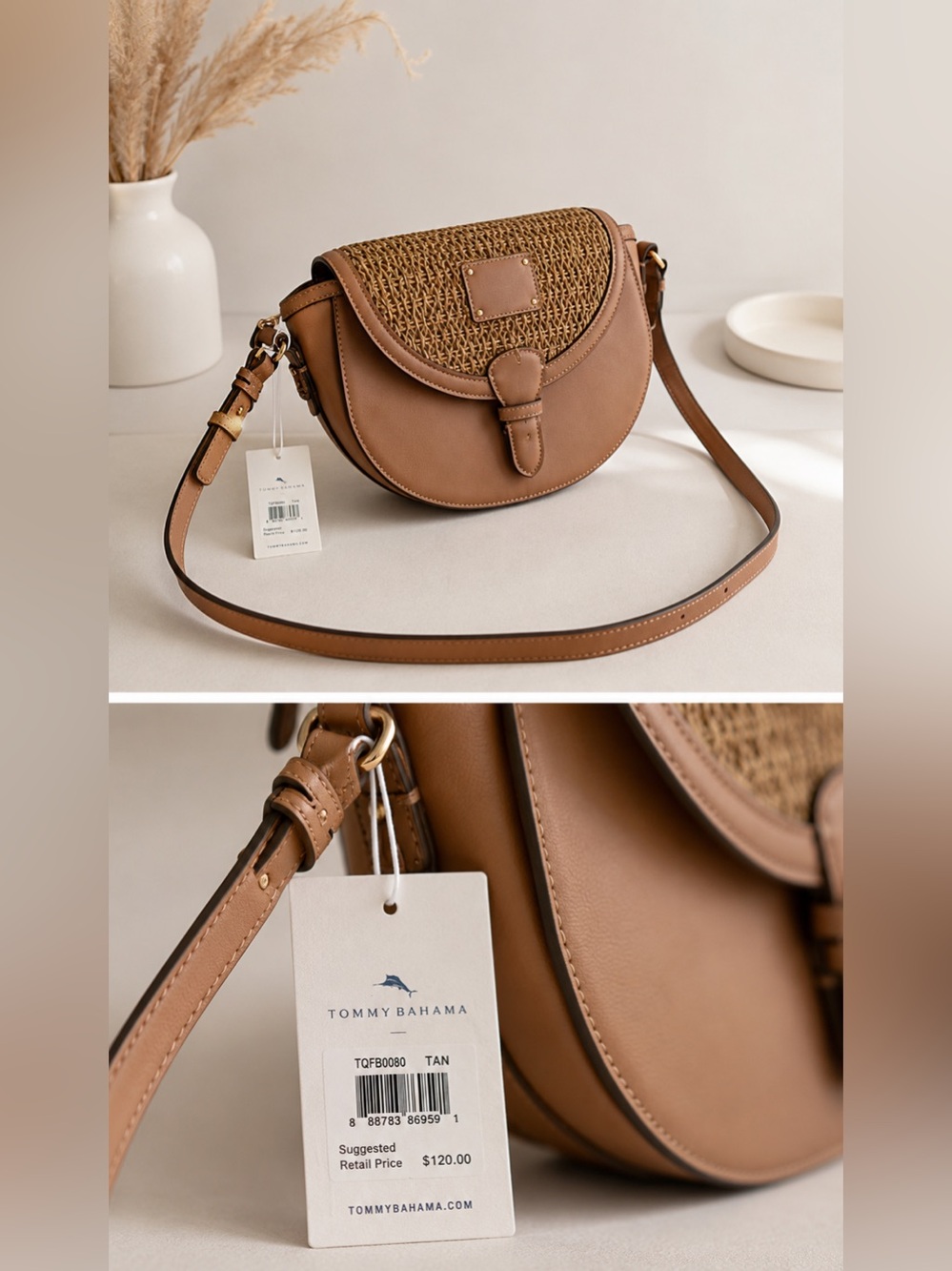 Tommy Bahama Tan Woven Leather Crossbody Bag